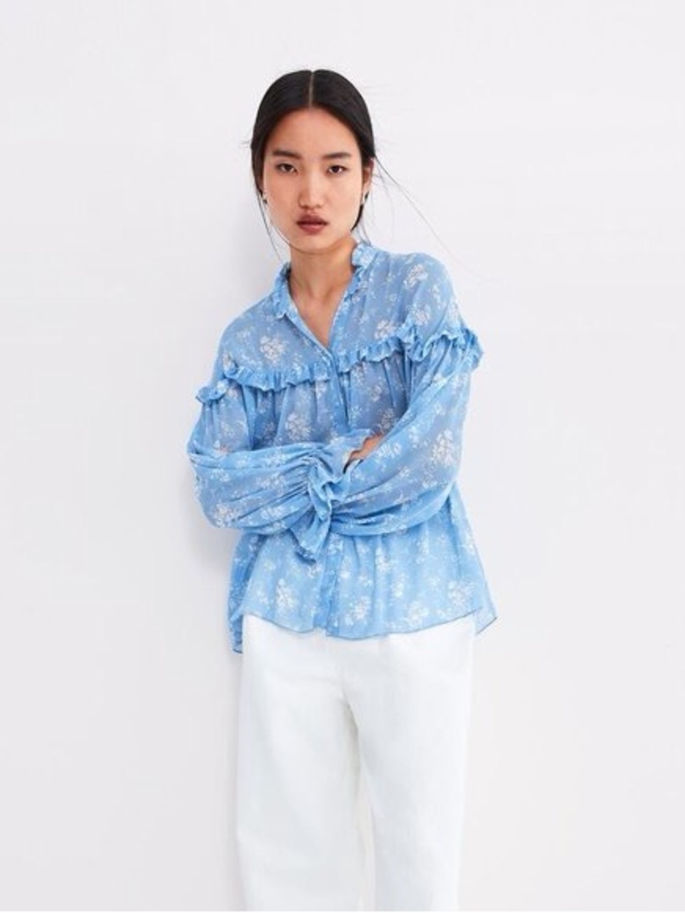Zara Light Blue Floral Ruffle Blouse